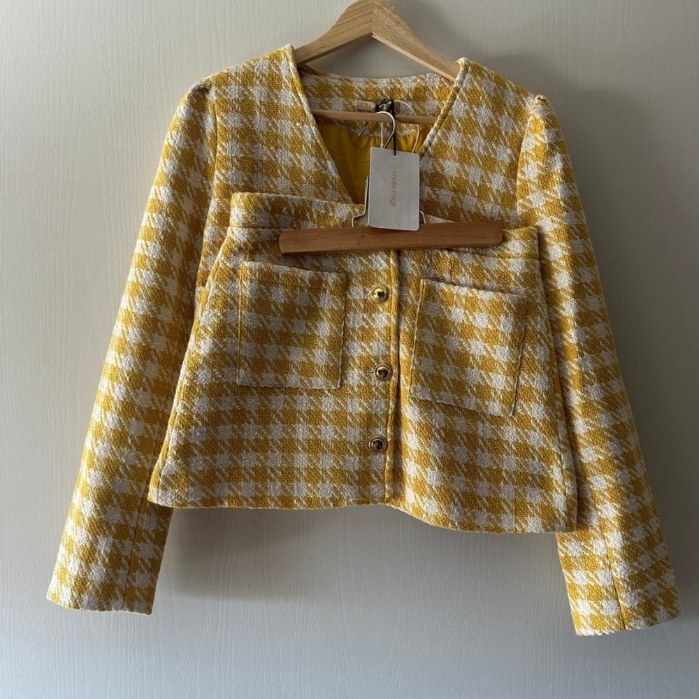 NWT Maje Yellow Houndstooth Tweed 2-Piece Jacket & Skirt Set Small Migii Paris